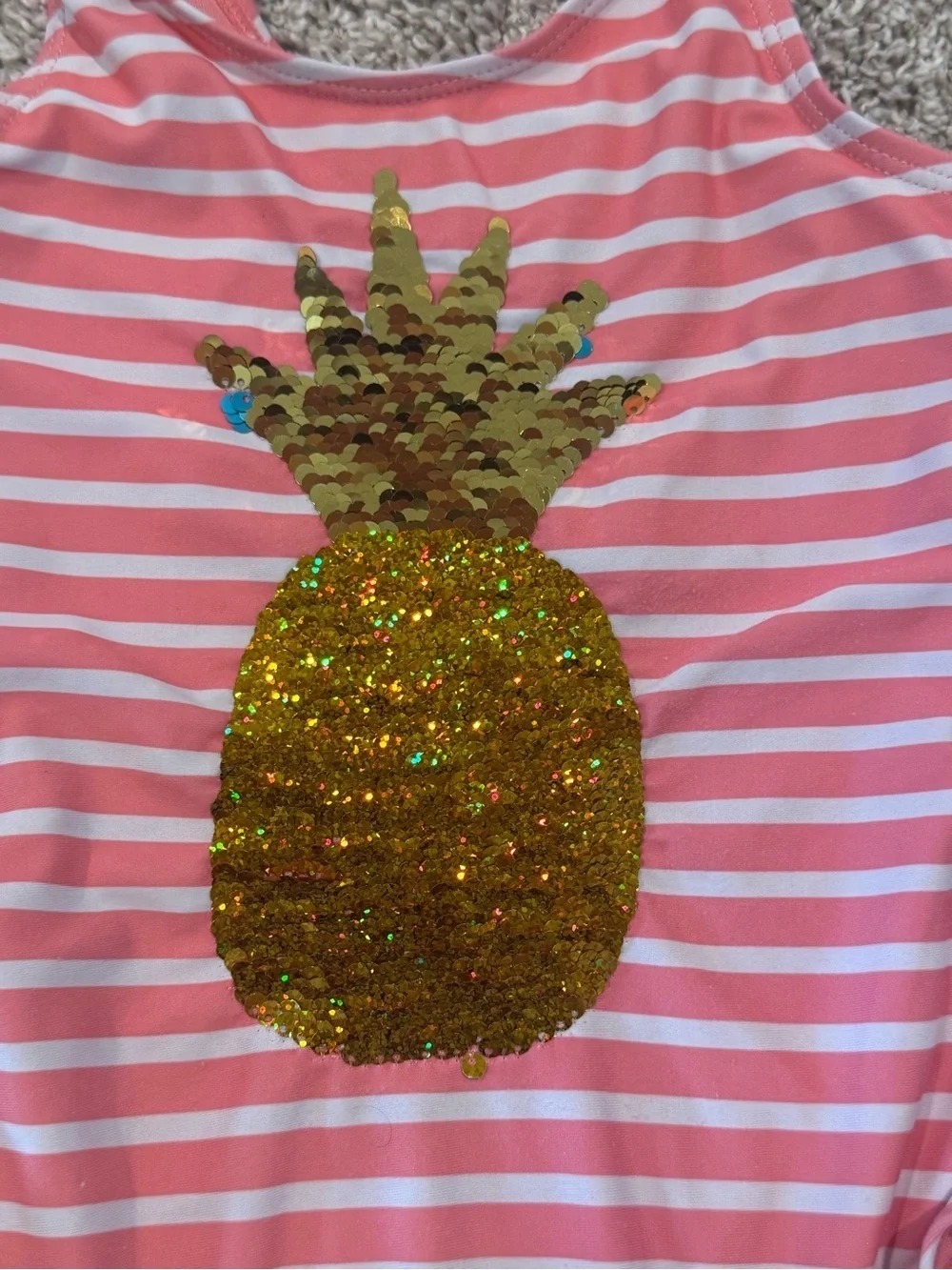 Girls Pink Stripe Pineapple Sequin Gold Sequin One-Piece Swimsuit Size 6